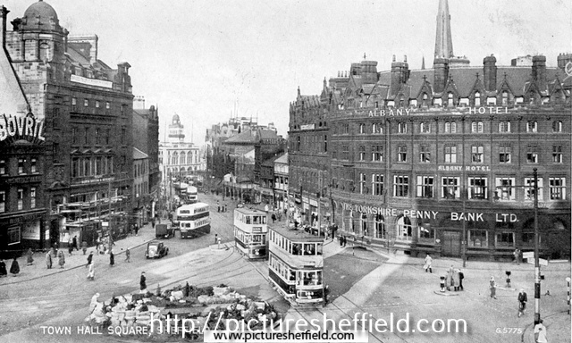 Elevated view of Town Hall Square looking towards Fargate showing Town Hall Square Rockery, foreground, Bank Chambers, left, Carmel House, Albany Hotel and Yorkshire Penny Bank, right 