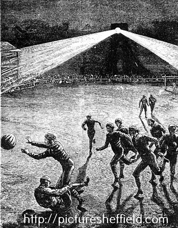 Artists impression of a floodlit football match, Bramall Lane probably the first ever played under floodlights, the match was played between Blues and Reds