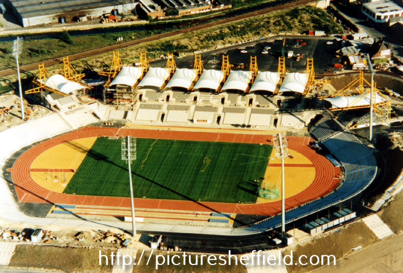 Aerial view of Don Valley Stadium built for the World Student Games with Worksop Road visible top right