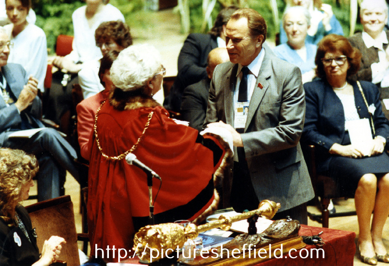 Councillor Doris Askam (1921 - 2006), Lord Mayor, 1991- 92 with an unidentified World Student Games Official