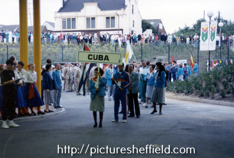 Cuban team prepare to march at the World Student Games Opening Ceremony, Don Valley Stadium with Worksop Road in the background
