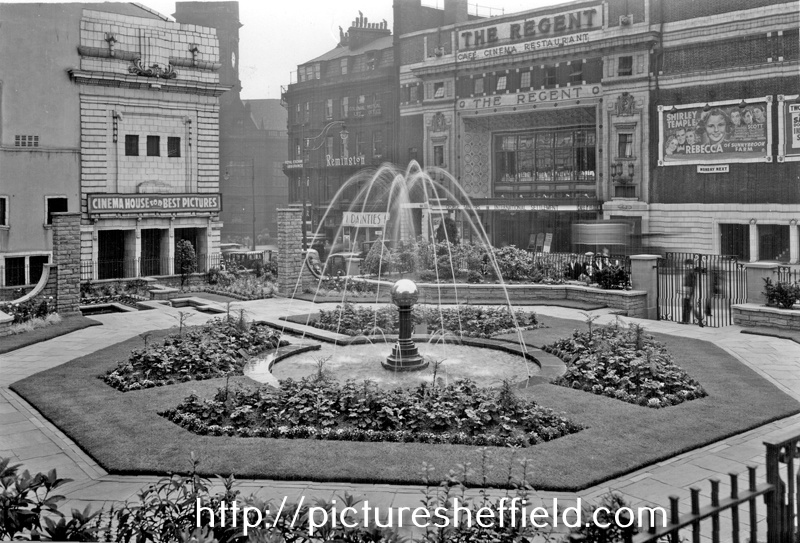 Barkers Pool showing the City Hall Gardens, also known as Balm Green Gardens, (which were funded by J.G. Graves), Cinema House and The Regent