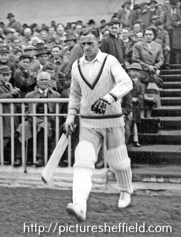 Alec Coxon of Yorkshire Cricket Club coming out to bat at Bramall Lane, late 1940s or 1950s
