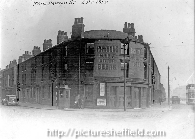 Nos. 6 - 14 Princess Street, left and corner of Attercliffe Road, right. Rawson's Arms public house, No 161 Attercliffe Road