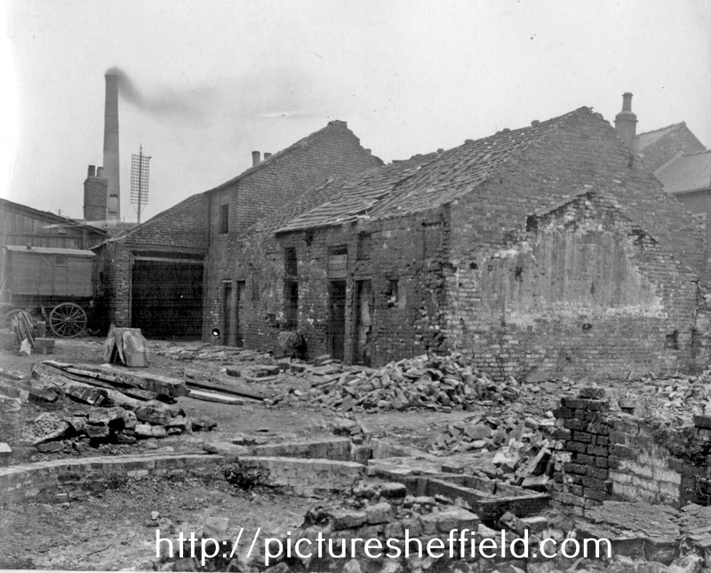 Remains of J. Chantrey's Milk Yard, approached via River Lane. Mrs Emma Chantrey, Shopkeeper, was situated at No. 58, Pond Hill and this yard was at the rear. Sheaf Island Works and goit at rear of buildings