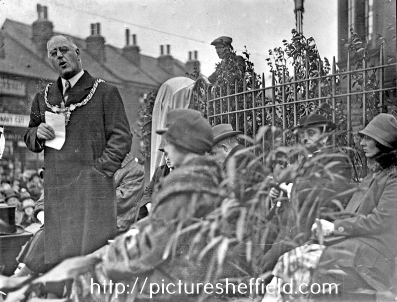 Probably the unveiling of the plaque which commemorates Councillor Crowther and his work for Walkley at Walkley Library, South Road. Lord Mayor, J.G. Graves, speaking