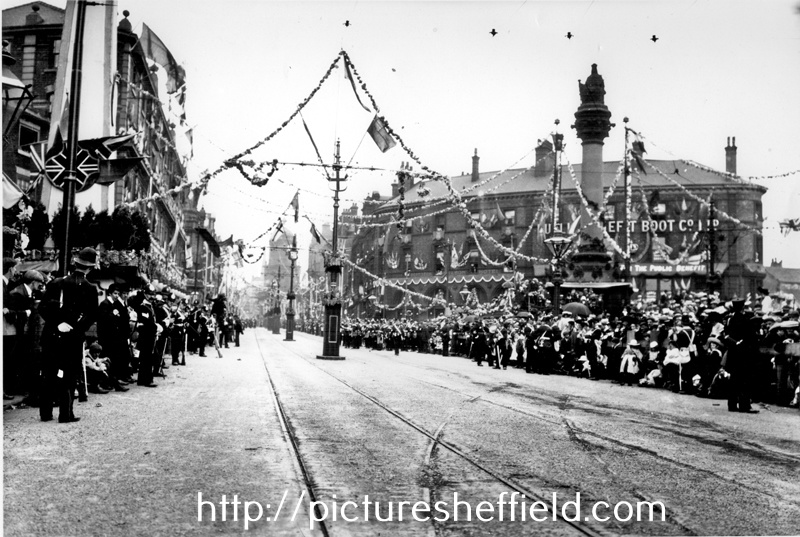 Moorhead looking towards Pinstone Street, decorated for the royal visit of King Edward VII and Queen Alexandra