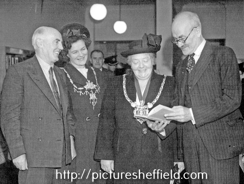 Group including Albert Ballard, left, Lady Mayoress, Mrs O. Barton, Lord Mayor, Alderman Mrs Grace Tebbutt and Sir Ronald Adam at the Opening Day Ceremony at Ecclesall Library, Knowle Lane (former Weetwood House)