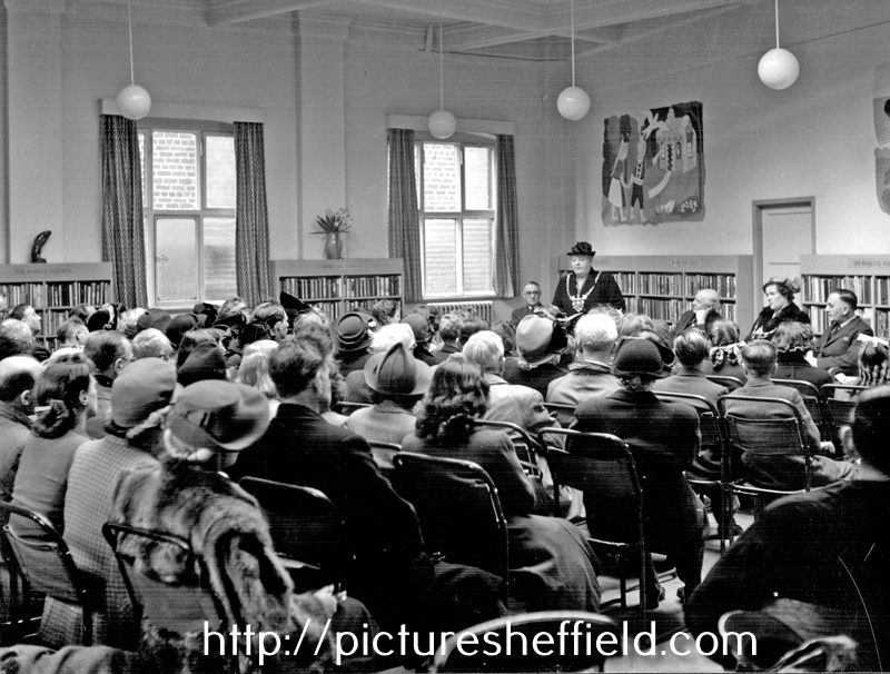 View from back of audience, Lord Mayor Alderman Mrs. G. Tebutt speaking at the Opening Ceremony, Attercliffe Children's Library, Attercliffe Branch Library, Leeds Road
