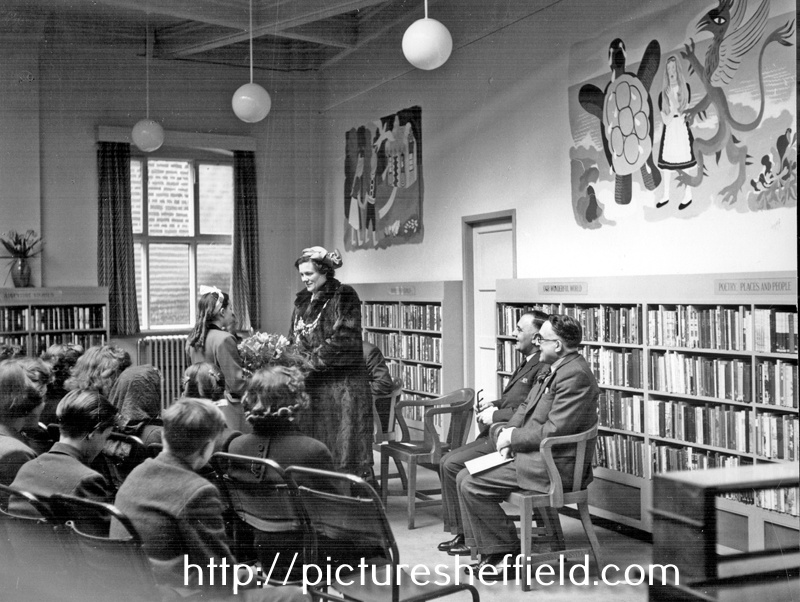 Presentation of Flowers to Lady Mayoress Mrs. O Barton at the Opening Ceremony, Attercliffe Children's Library, Attercliffe Branch Library, Leeds Road