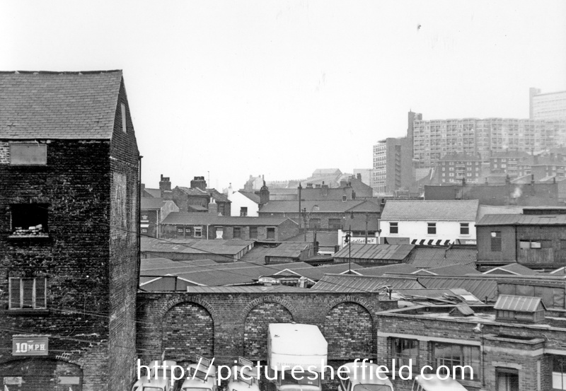 Electricity Supplies Building in foreground, looking towards Sheaf Street, and Park Hill flats