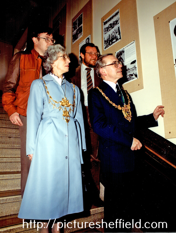 Councillor Roy Munn, Lord Mayor, 1984 - 85 and Lady Mayoress, Mrs. Jean Munn, Councillor Mike Pye and Richard Caborn at an exhibition in the Central Library, Surrey Street