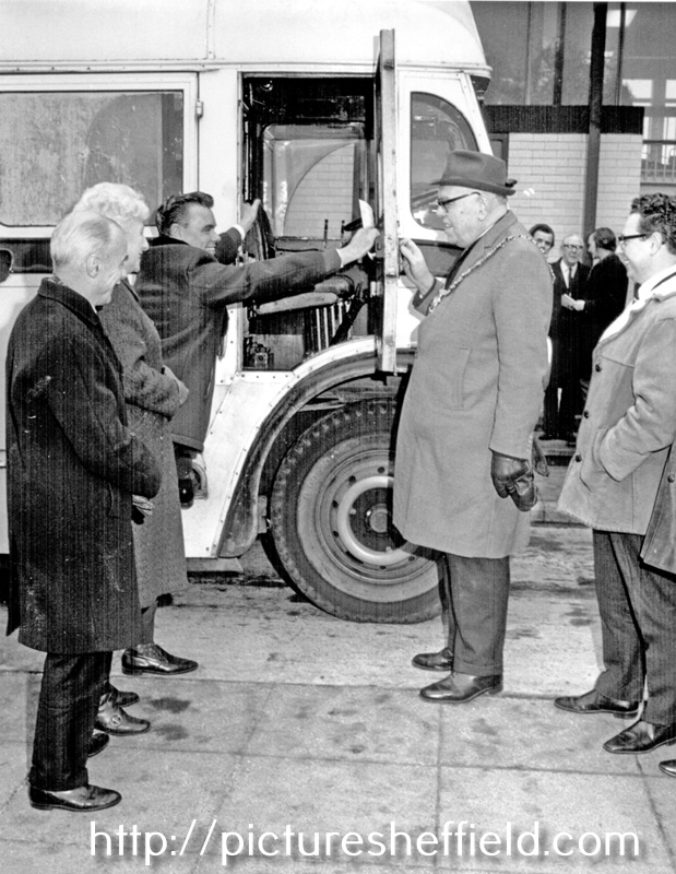 Handing over the old Mobile Library Reg. No. MWA 756 to purchaser by Lord Mayor Alderman Sidney Dyson also pictured Councillor Enid Hattersley and John Bebbington, City Librarian (extreme left)