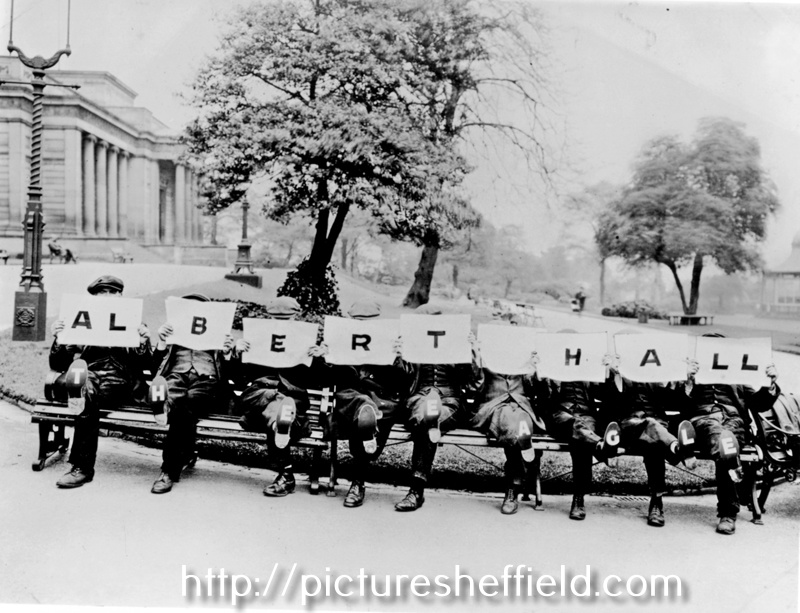 Publicity stunt outside the Mappin Art Gallery, Weston Park, promoting the showing of 'The Eagle' film at the Albert Hall