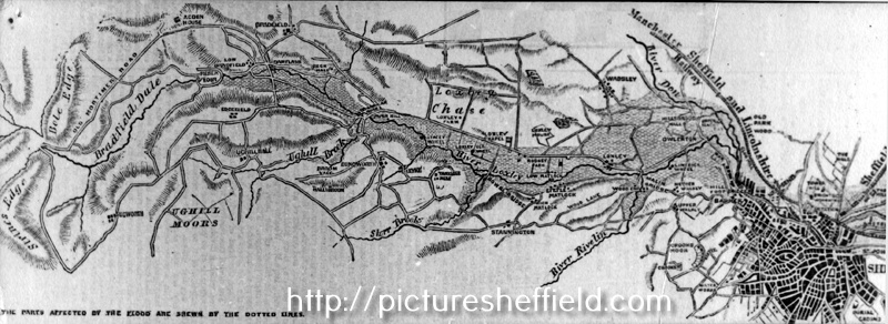 Plan of the Loxley Valley showing areas affected by the Sheffield Flood