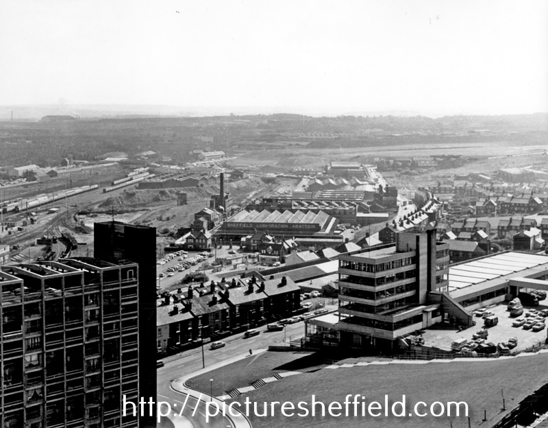 Elevated view of Sheffield Corporation Abattoir, Cricket Inn Road from Hyde Park Flats