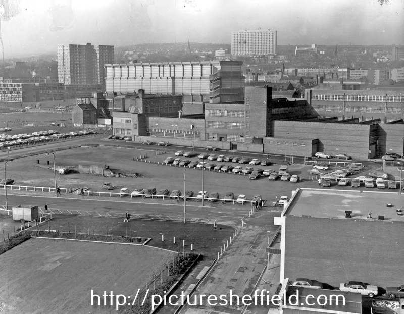 Elevated view of The Moor, Young Street and Bishop Street, looking towards Broomhall/Broomhill, No 55, Moore Street, Richards Bros. and Sons Ltd., cutlery manufacturers, right, Electric Sub-Station, Broomhall Flats and Hallamshire Hospital (back)