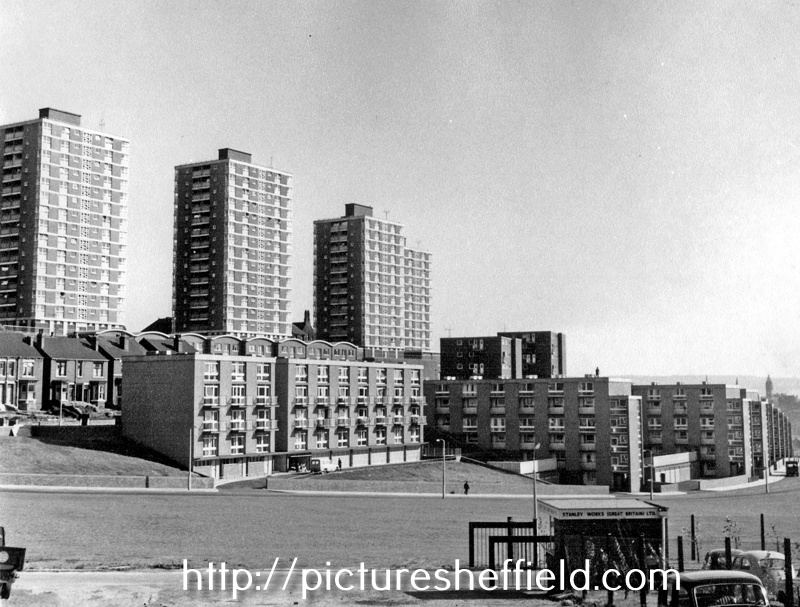 Pye Bank Flats, Maisonettes and Woodside Flats, Pitsmoor Road (foreground), terraced housing Pye Bank Road with shelter for Stanley Works ((Great Britain) Ltd. in the foreground