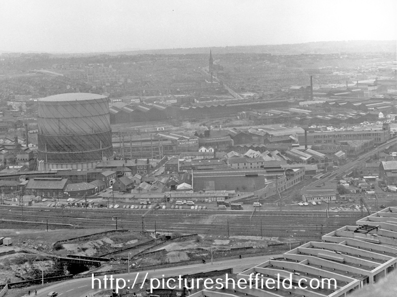 Looking over Don Valley towards Pitsmoor and Burngreave, visible are, All Saints Church, Sutherland Road (left of centre below the horizon), Neepsend Gas Works and Thos. W. Ward's, Albion Works (centre)