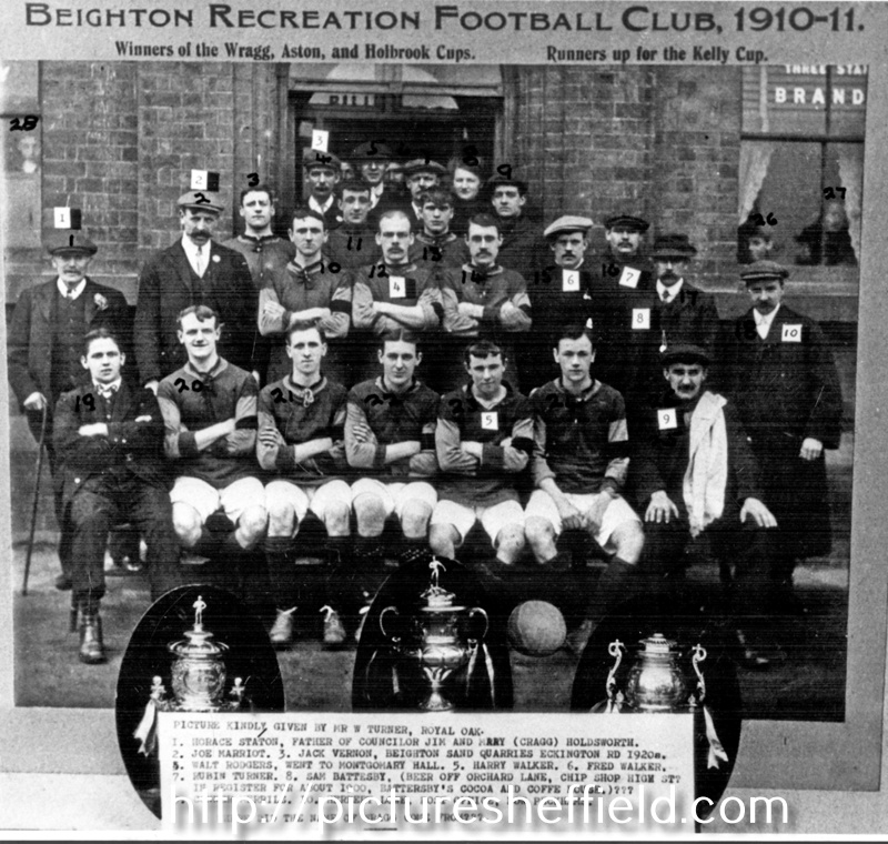 Beighton Recreation Football Club 1910-11 winners of the Wragg, Aston and Holbrook Cups and runners up for the Kelly Cup