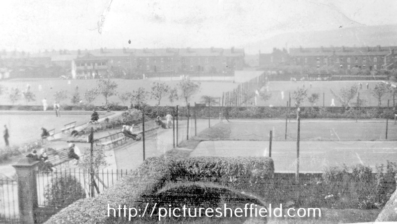 View from 15 Harrowden Road, looking at Tinsley Recreation Grounds (bowling greens and tennis courts, and cricket ground).  In the distance, Norborough Road