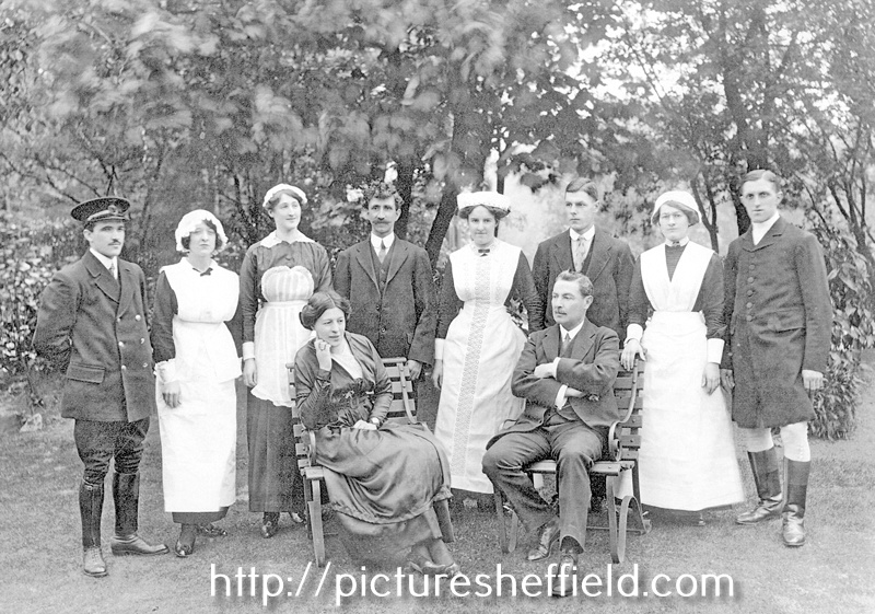 Most probably George Senior of George Senior and Sons Ltd., his wife and staff, in the grounds of 'Elmfield', No 132 Northumberland Road, Broomhill