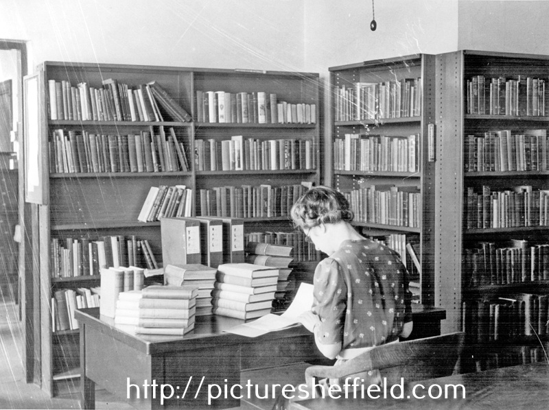 Central Library, Surrey Street. Book Stocks and Cataloguing Department, Miss Martin prepares Plat Reading Books