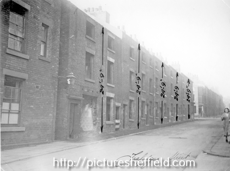 Back to back houses, Nos 142-124, Trafalgar Street, looking towards junction with Milton Street. Gas lamp at entrance to Court No. 7, left