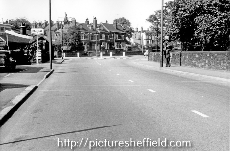 Burngreave Road looking towards the junction with Pitsmoor Road and Barnsley Road with the old Toll Bar House visible after the garage, Kingdom Hall (centre), Tower Ballroom (white building) and Abbeyfield Park on the right