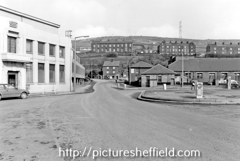 Former United Steels Co. Offices (left), Hunshelf Road, Stocksbridge with Bank House (centre) and Gentlemans Row (left), Honeymoon Row (centre) and Derbyshire Row (right) at Hunshelf Park in background