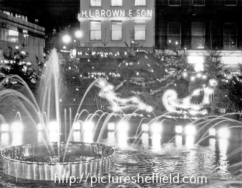 The Goodwin Fountain, Fargate/Town Hall Square, illuminated for Christmas