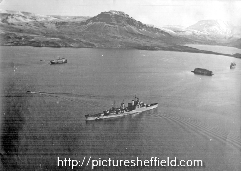 Southampton Class Cruiser HMS Sheffield - The Shiny Sheff - in camouflage during WWII at Seydisfiord, Iceland