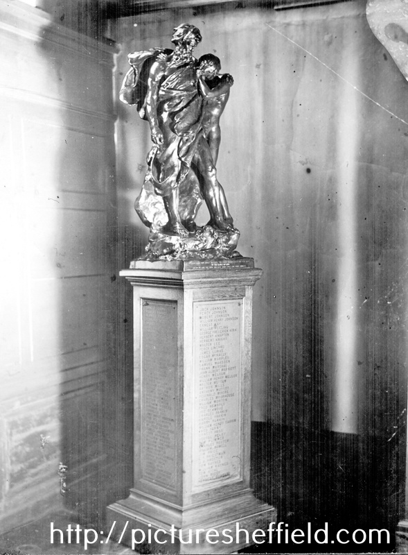 World War One Memorial, St. Paul's Church, Pinstone Street. Removed to the Cathedral SS Peter and Paul. The bronze statue, signed Mathurian Moreau, depicting Abraham and Isaac, was stolen December 1997.