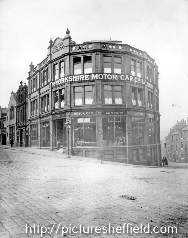 Yorkshire Motor Car Co. Ltd., premises at the top of Townhead Street, junction of Pinfold Street. One of the first buildings to have a vehicle lift. The lift house is just visible on the roof