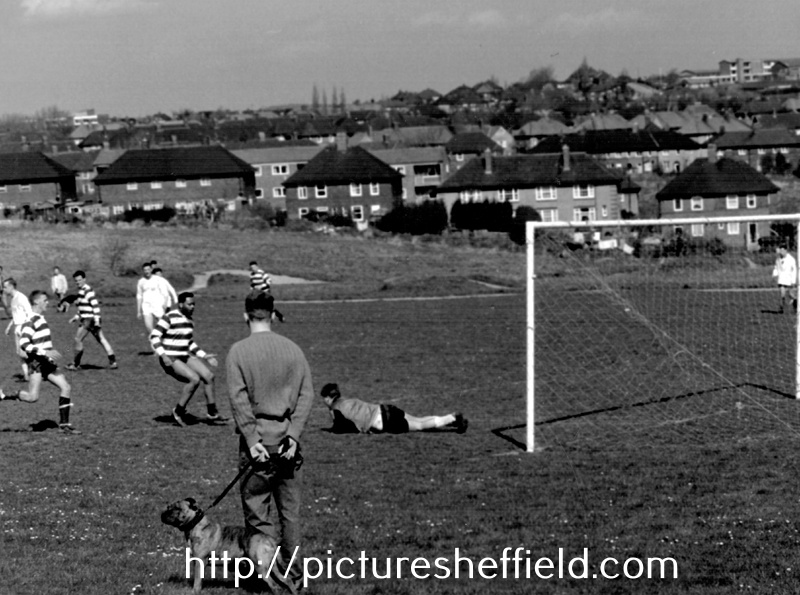 Football in Parson Cross Park with housing on Deerlands Avenue and  St. Peter's  R.C. School (right) in the background