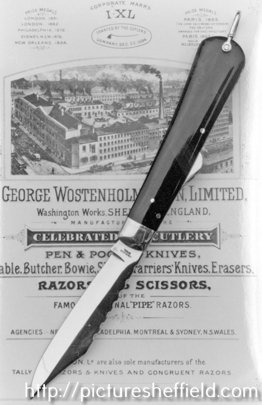 Advertisement and knife by George Wostenholm and Son Ltd., cutlery manufacturers, Washington Works, No. 97 Wellington Street