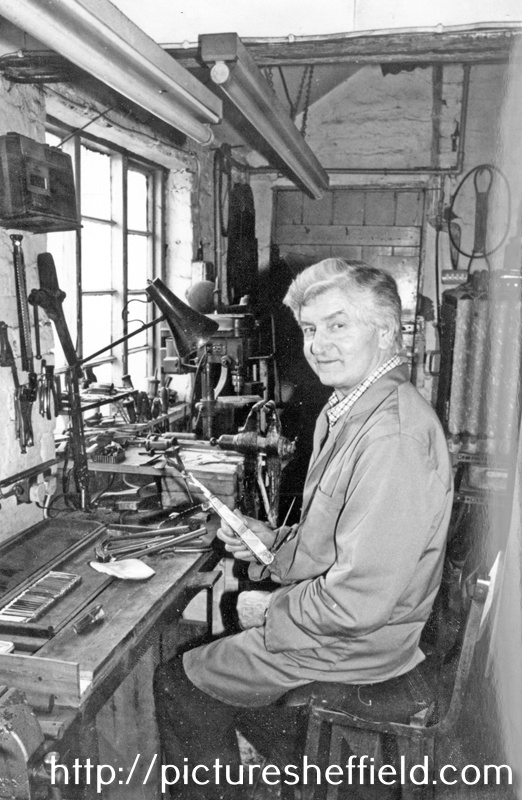 Stan Shaw with the Hallamshire Exhibition Knife nearing completion, Stanley Shaw, cutler, 48 Garden Street