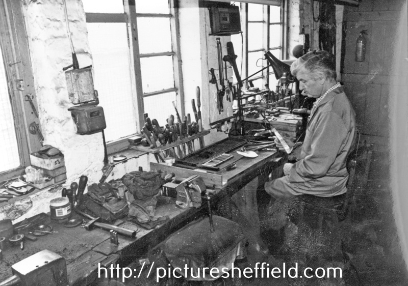 Stan Shaw with the Hallamshire Exhibition Knife nearing completion, Stanley Shaw, cutler, 48 Garden Street