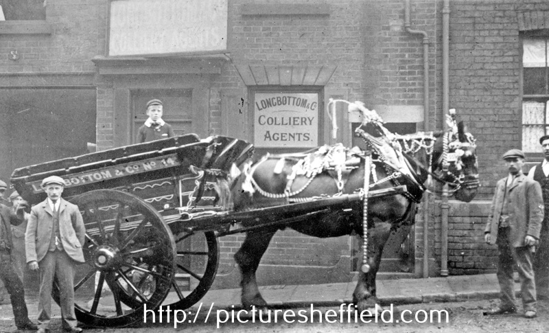 Decorated horse drawn cart belonging to Thomas W. Ward outside Longbottom and Co., Rowland Street