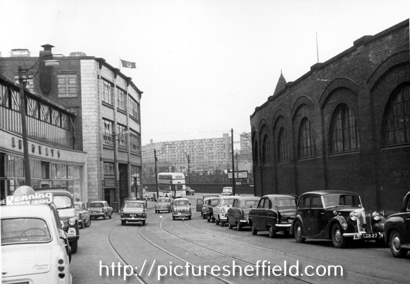 Shoreham Street looking towards Sheffield Midland railway station and Park Hill Flats showing Leadmill Road Transport Depot (right) and Kennings Ltd. (left)