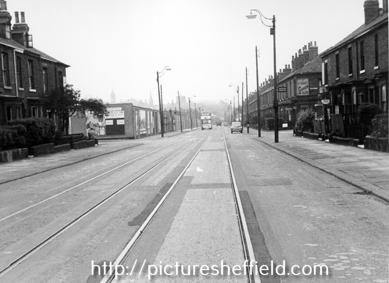 Shoreham Street looking towards the junction of Cherry Street and Sheffield United F.C., Bramall Lane Ground (left) with the bill board advertising the next match against Huddersfield Town