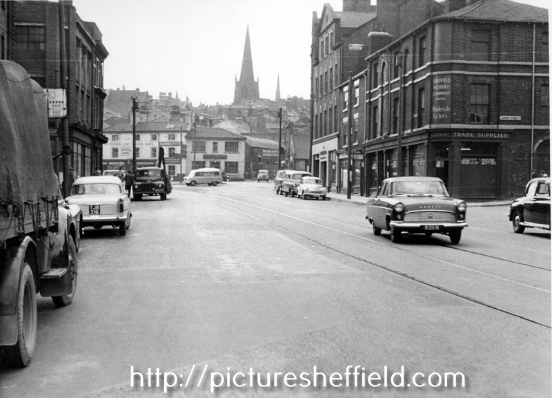 Nos. 121/5 Sheffield Hosiery Company Ltd., wholesalers, West Bar at  the junction with Lambert Street looking towards West Bar Green and Mosely's  Arms with the Cathedral Spire in the background