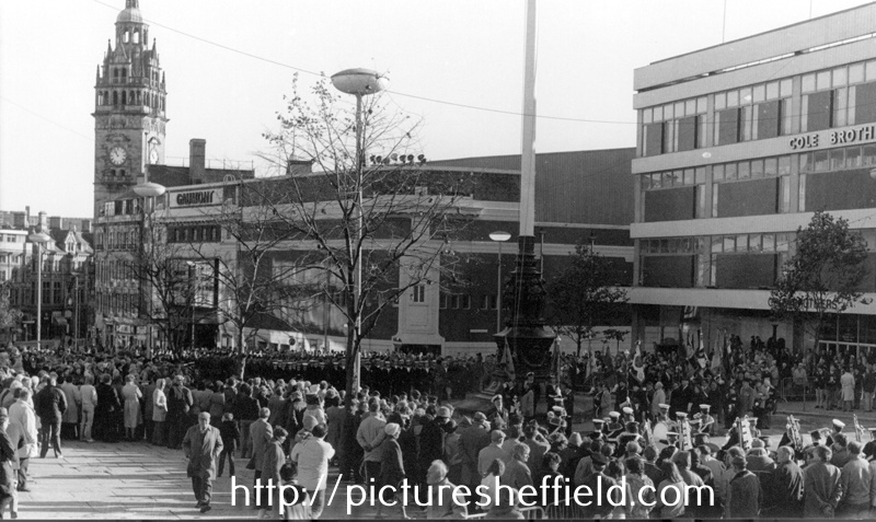 Remembrance Day, Barkers Pool with the Town Hall; Gaumont Cinema and Cole Brothers, department store in the background