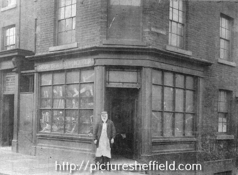 Isaac Snowden (aged 67), saw maker and tool merchant, No. 126 West Street at the junction of Rockingham Street with the doorway of  No. 128, West Street Hotel