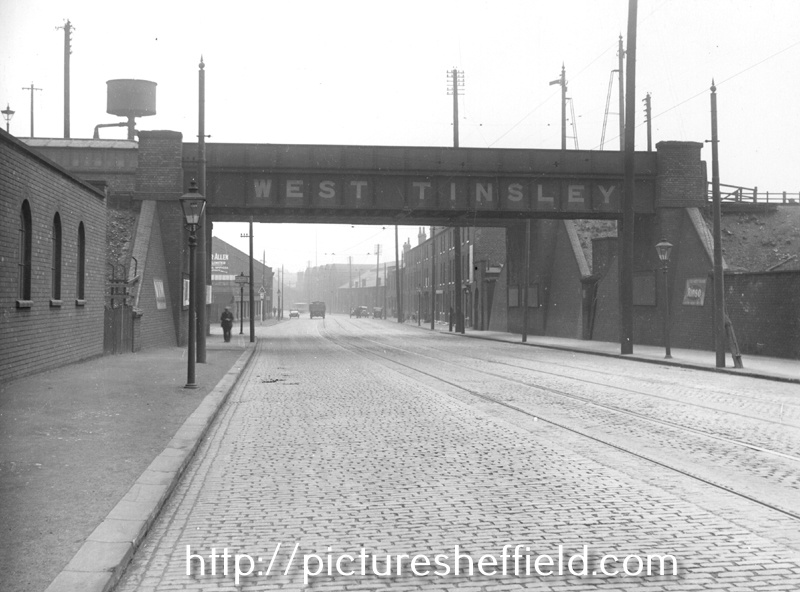 West Tinsley Railway Bridge, Sheffield Road looking towards Nos. 98-120 (right)and Edgar Allen Co. Ltd. Offices (left)