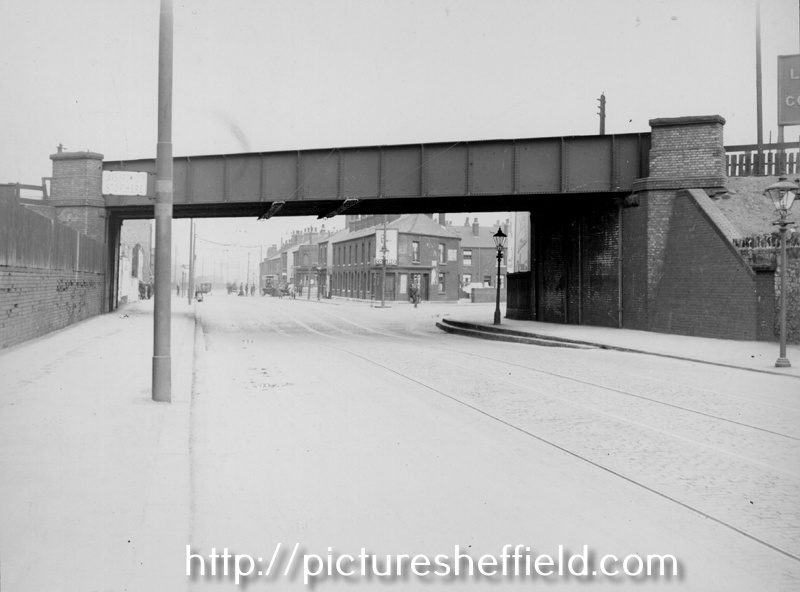 Brightside Lane Railway Bridge looking towards the junctions with Woodbine Road /Alfred Road and Newhall Road