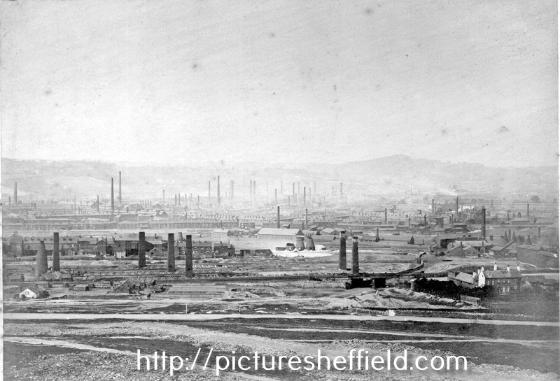 View of Sheffield Coke Ovens and railway with Park Cottage in the right foreground from Cricket Inn Road around 1860's