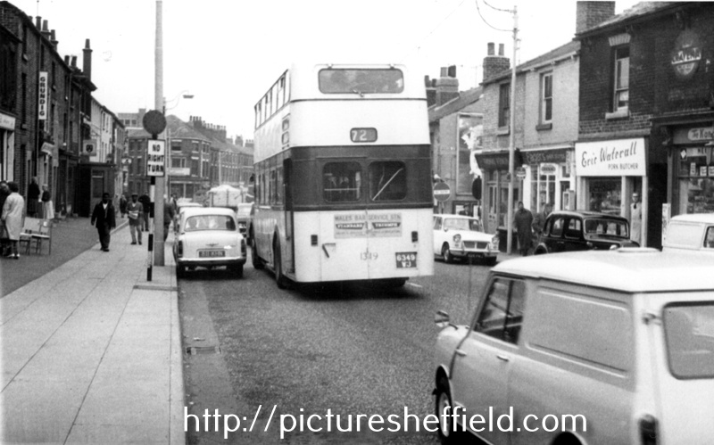 Evening rush hour, Ecclesall Road showing No. 121 Eric Waterall, pork butcher   