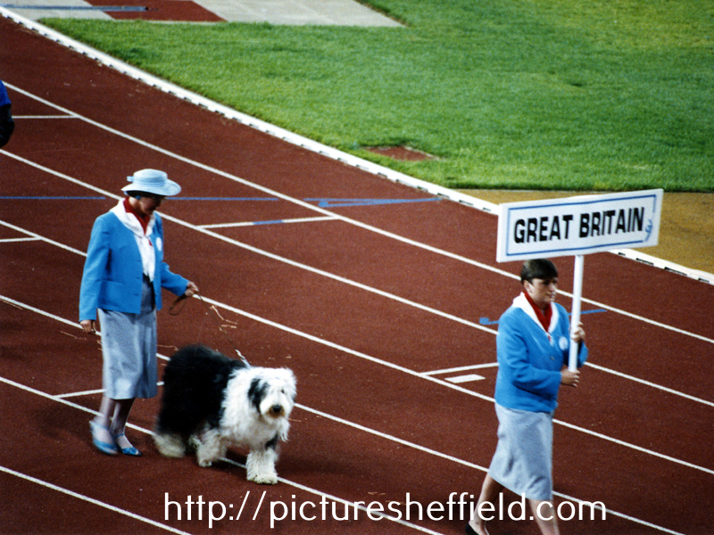 Great Britain Team lead out by Sheff the World Student Games Mascot, Opening Ceremony, World Student Games, Don Valley Stadium