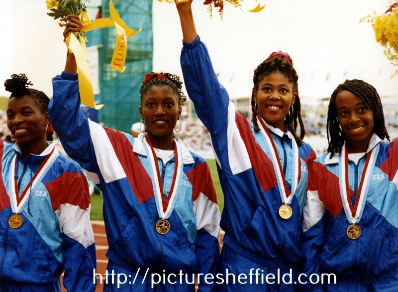 U.S.A. Womens Relay Team Winners waving to the crowd, World Student Games, Don Valley Stadium